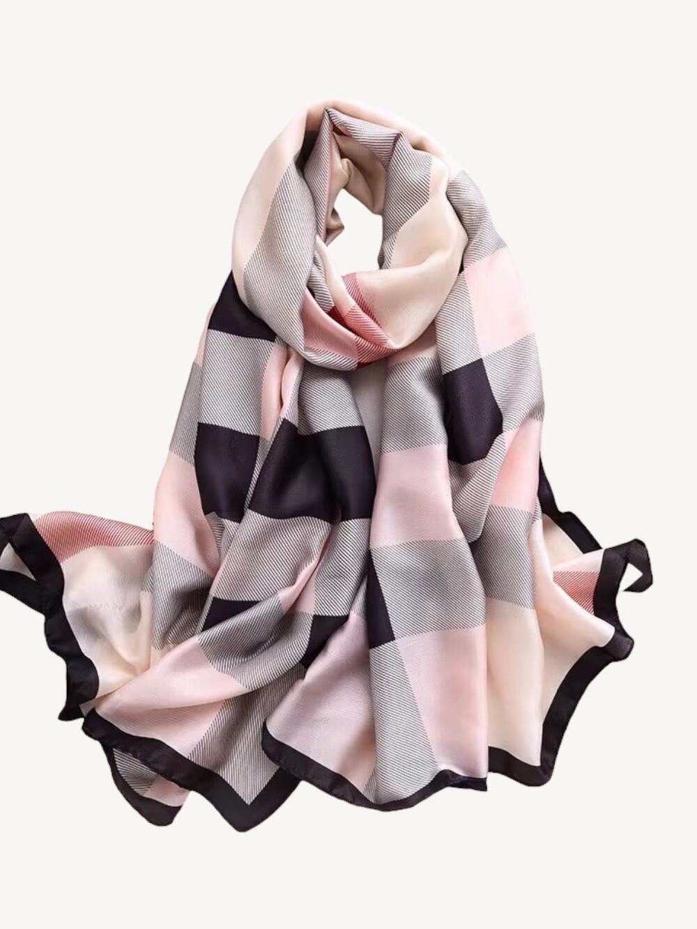 ✨VIP✨Pink Ivory Plaid Silky Satin Scarf Shawl Wrap Hijab 70"x35" Oversized
